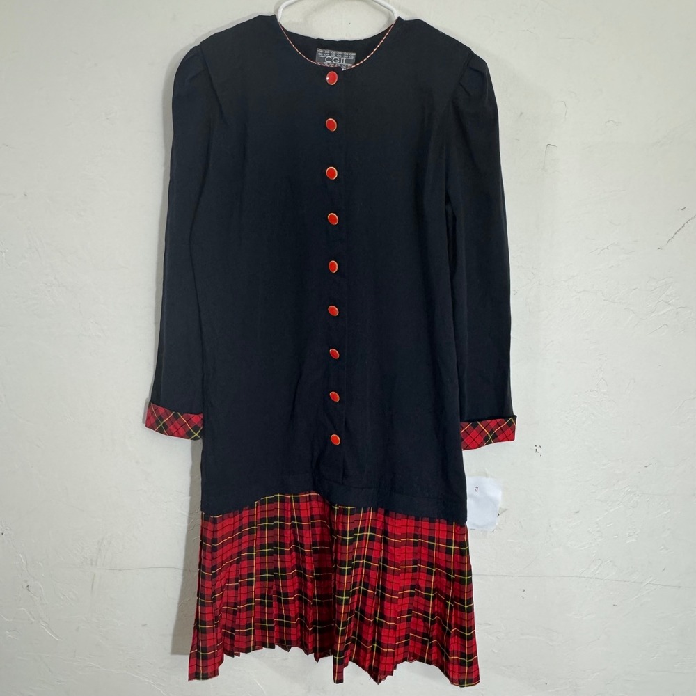 VTG CGII Black Red Plaid Pleated Skirt Dress Button Front Women Sz 12 Christmas